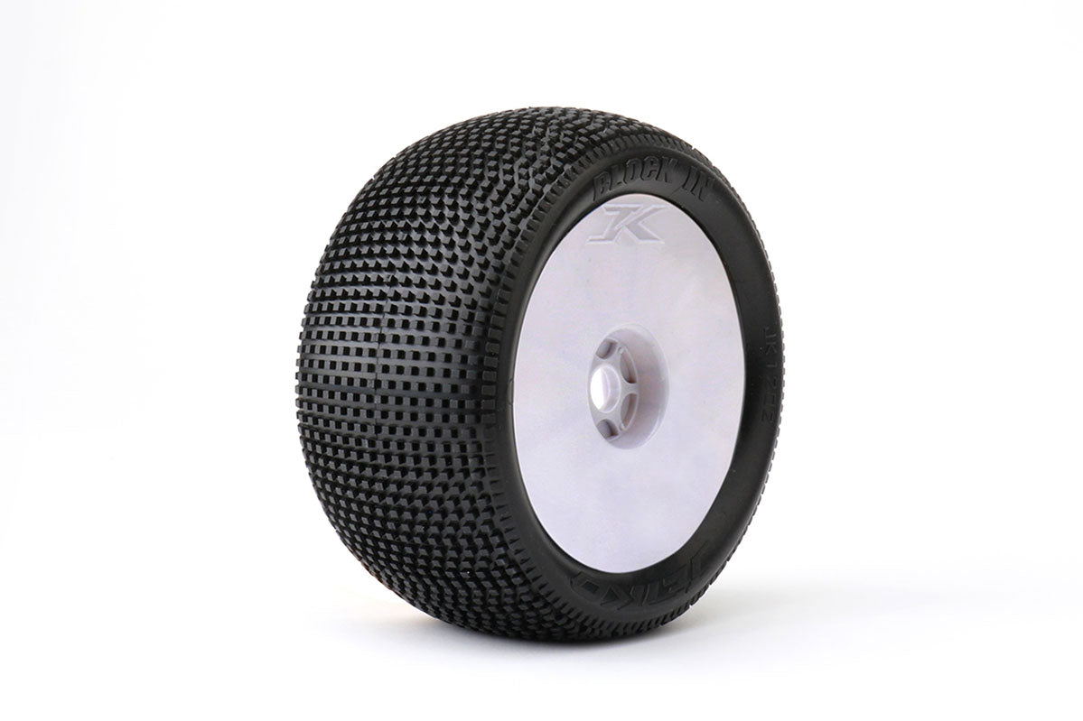 Jetko Block In Soft 1:8 Truggy Pre-glued on White Rims (2)
